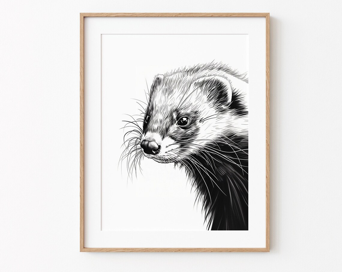 Ferret Portrait Black And White Pencil Sketch Side Profile Poster