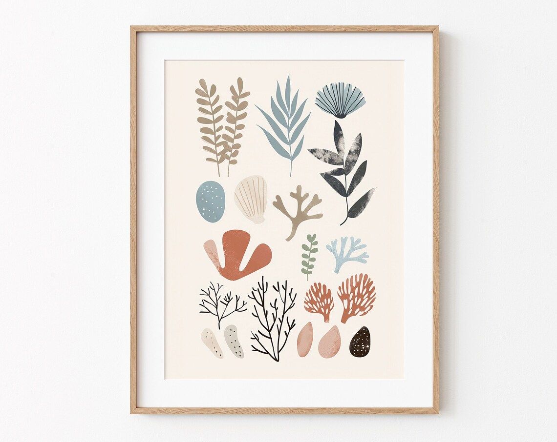 Print Seaweed And Stones Abstract Drawing Boho Style Poster Wall Art Nursery Decor