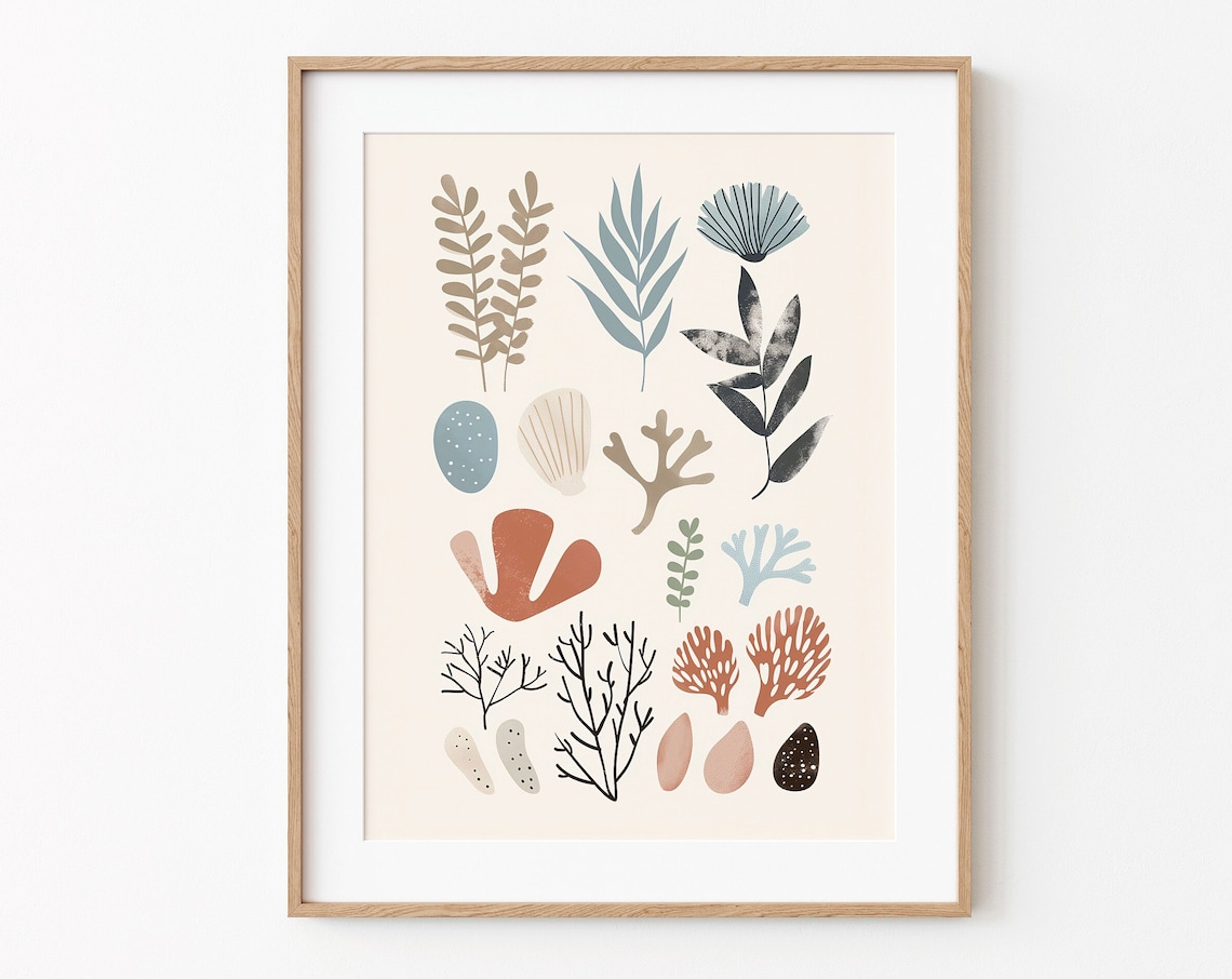 Terracotta And Blue Seaweed Branches Botanical Nursery Print