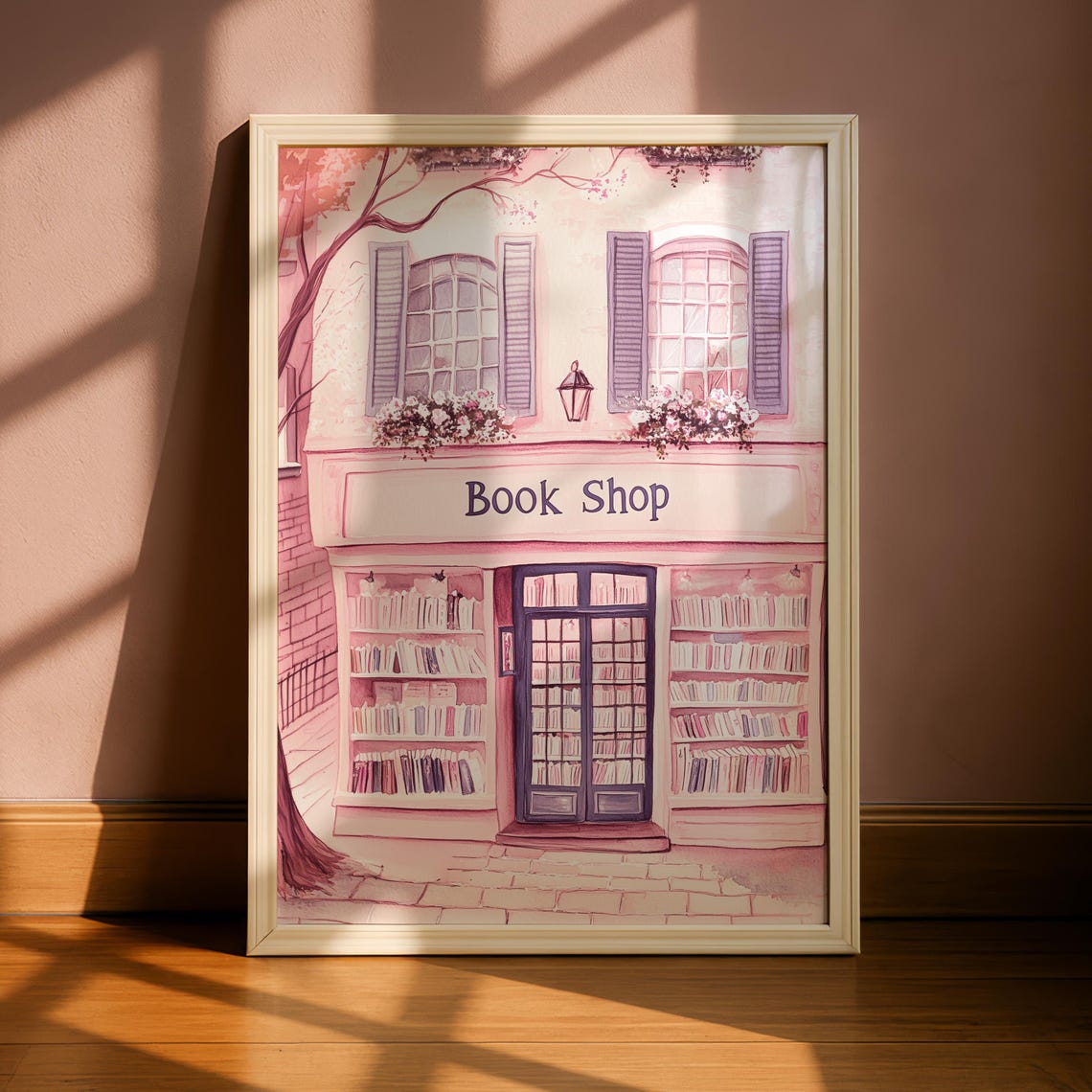 Pink Parisian Book Shop Storefront Watercolor Illustration Poster