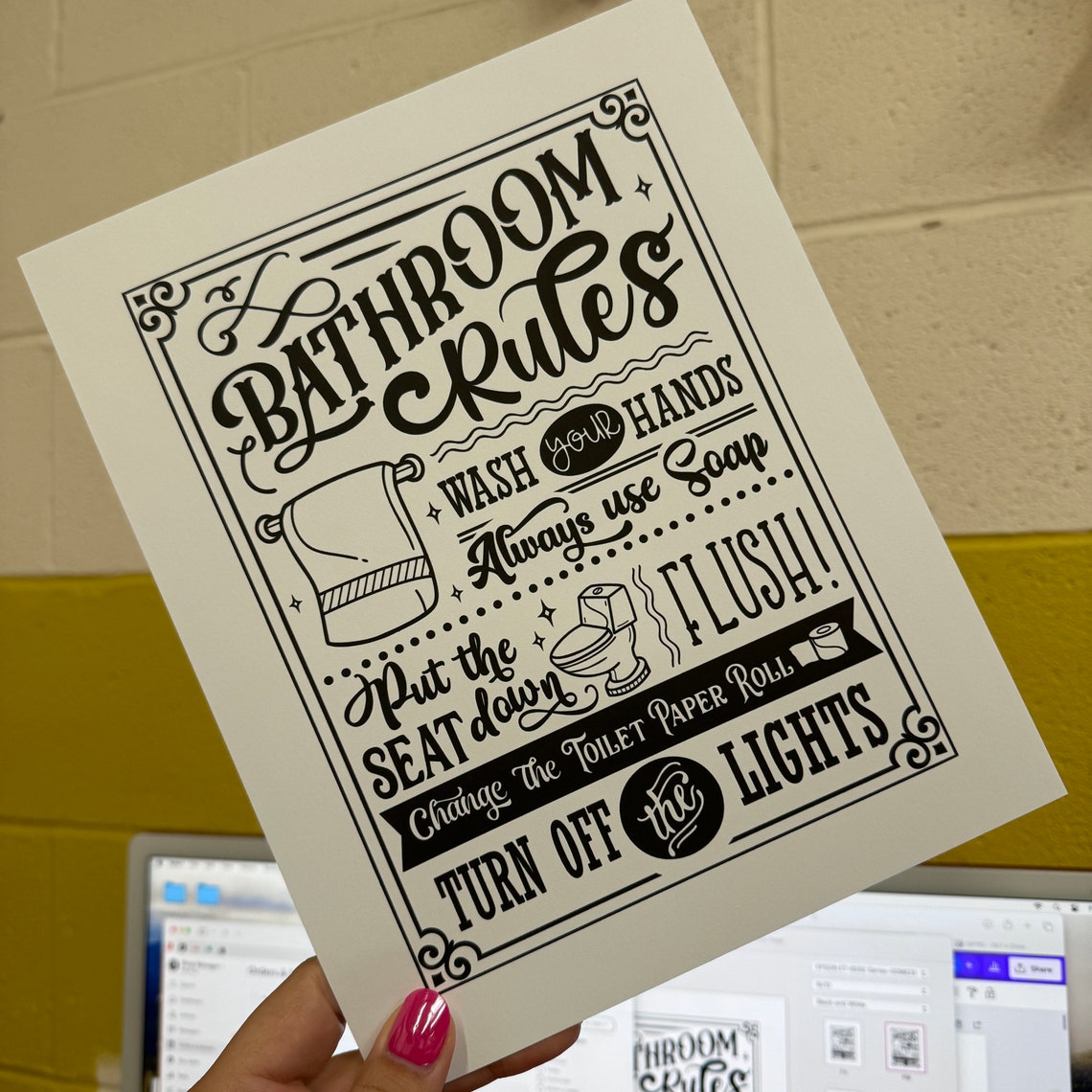 Bathroom Rules Wash Hands Flush Vintage Typography Sign Poster - Image 2