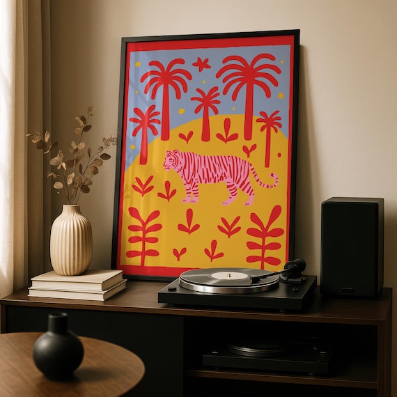 Tiger Art Print Pink Gallery Wall Poster Floral Artwork