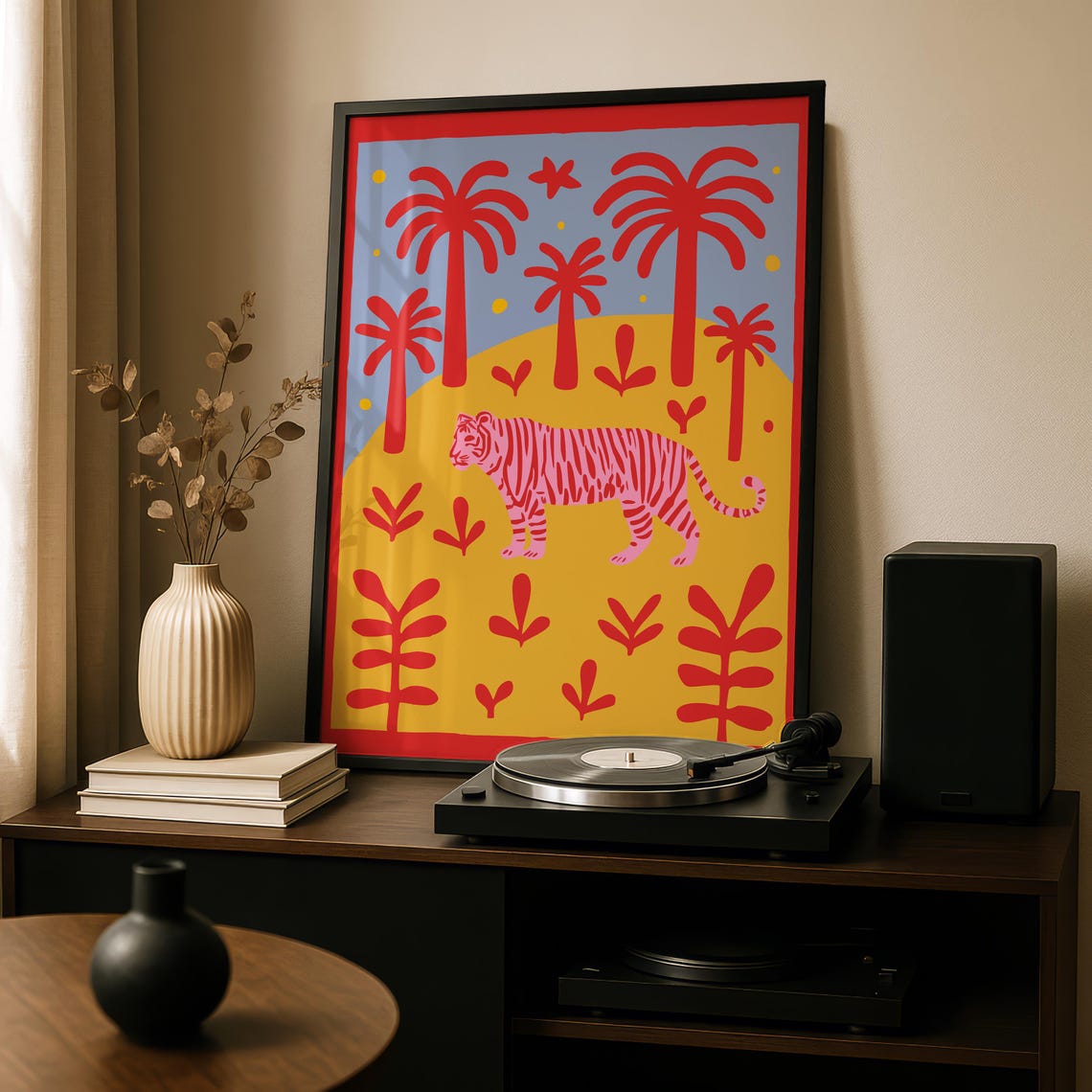 Pink Tiger Palm Trees Bold Colorful Tropical Jungle Art Poster