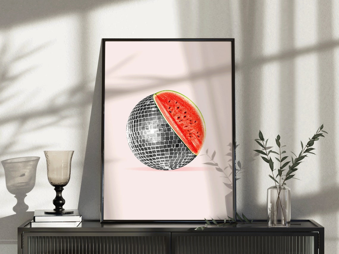 Watermelon Slice Disco Ball Pink Retro Summer Party Fun Wall Art