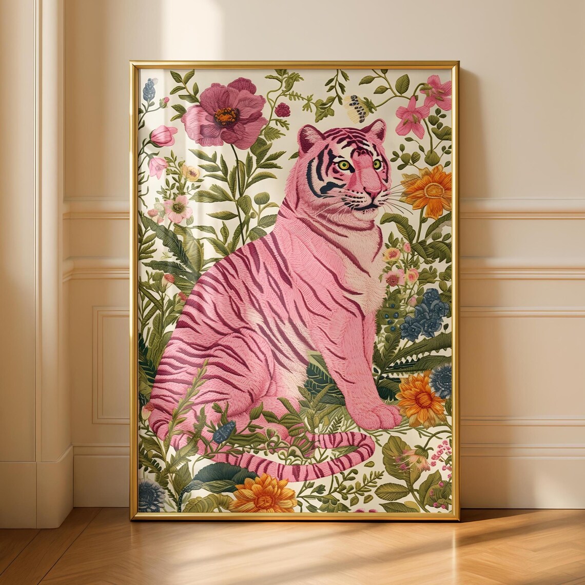 Tiger Art Print, Pink Floral Gallery Wall Poster