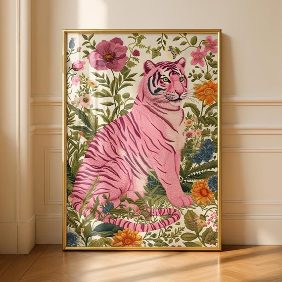 Tiger Art Print, Pink Floral Gallery Wall Poster