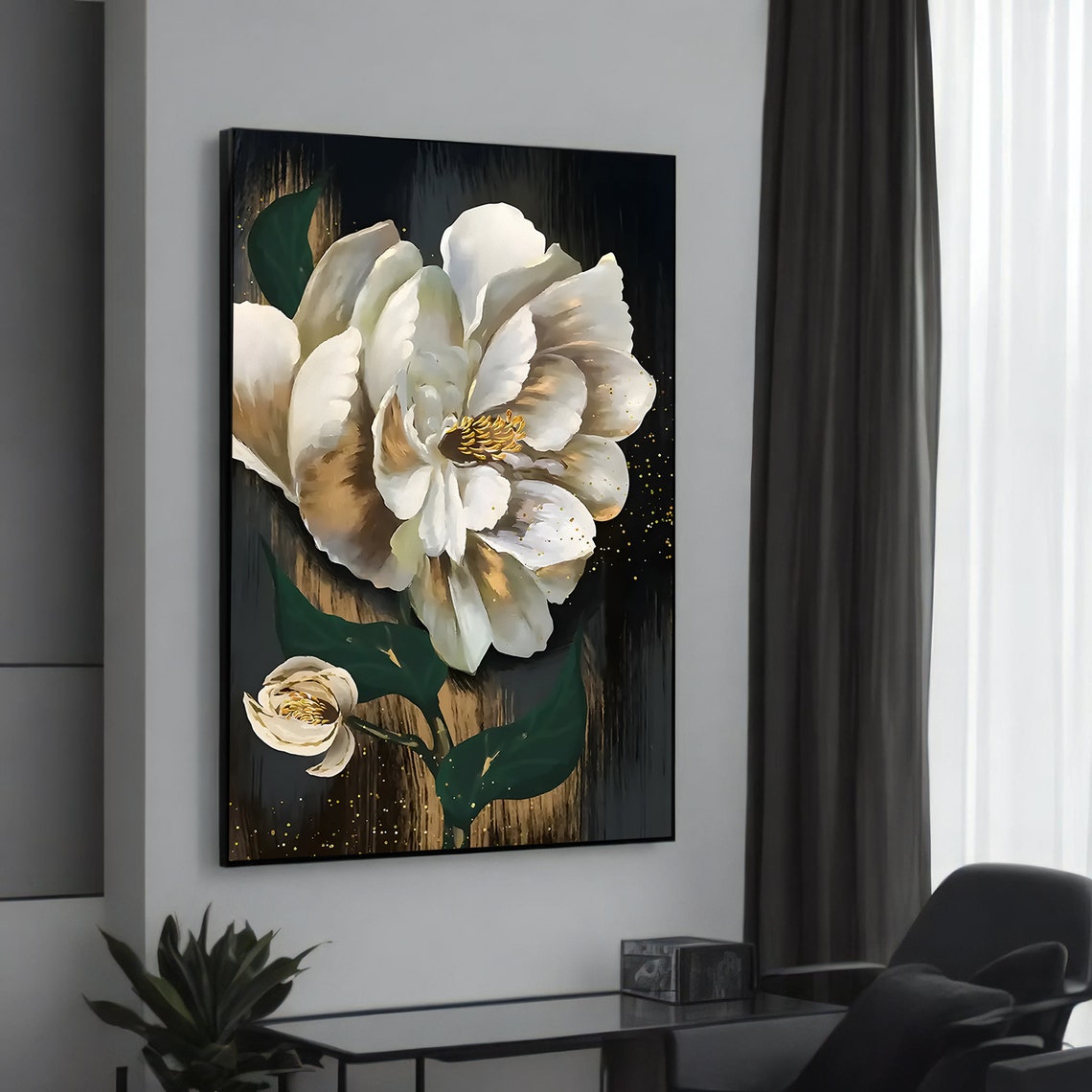 White Peony Blossom on Black with Gold Dramatic Floral Art Poster