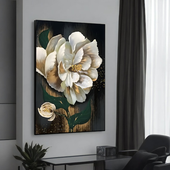 White Peony Blossom on Black with Gold Dramatic Floral Art Poster