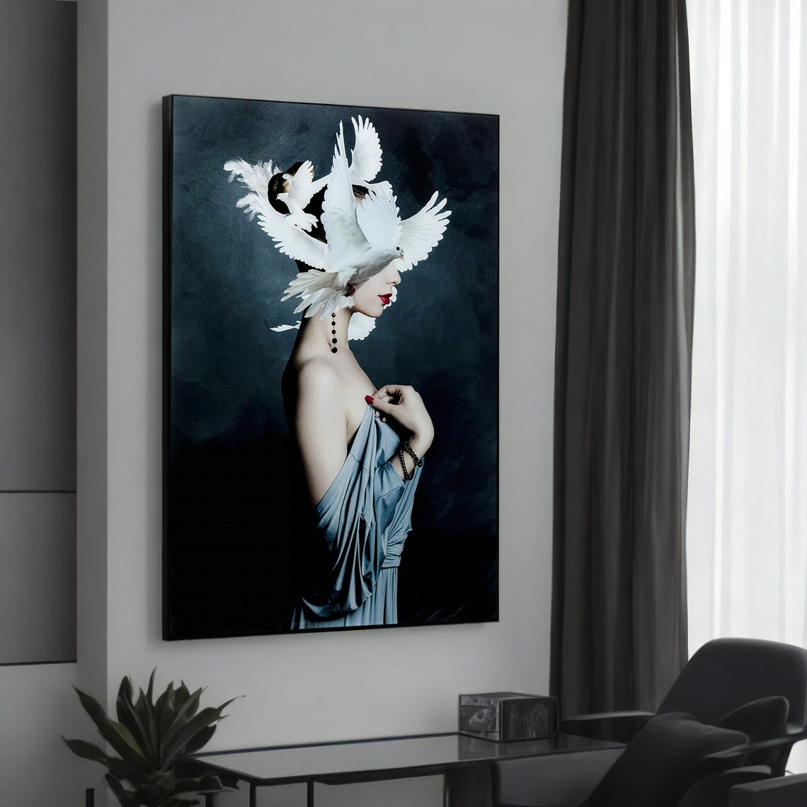 Elegant Woman White Doves Dark Blue Dress Surreal Portrait Poster