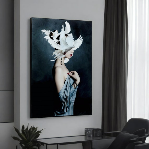 Elegant Woman With White Doves Modern Canvas Painting Unique Contemporary Art For Sophisticated Wall Decor