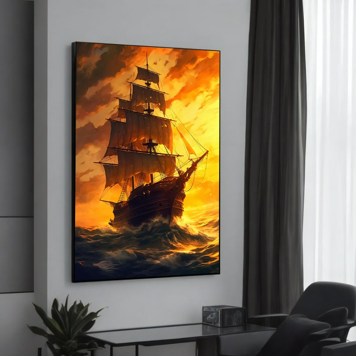 Tall Ship with Full Sails at Fiery Orange Sunset Ocean Art Poster