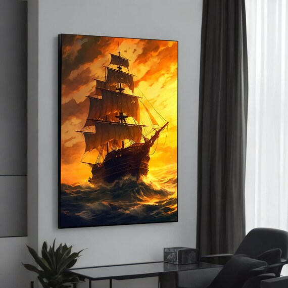 Tall Ship with Full Sails at Fiery Orange Sunset Ocean Art Poster
