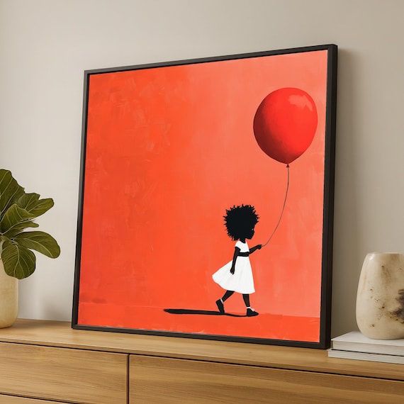 Little Girl Holding Red Balloon Coral Background Silhouette Poster