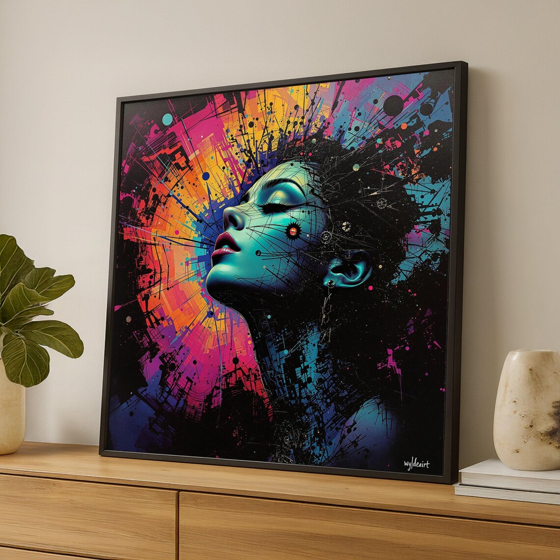 Cosmic Woman Portrait Neon Paint Splash Surreal Abstract Wall Art