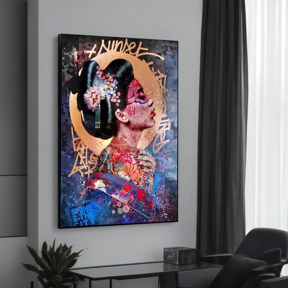 Geisha Profile Sunset Graffiti Art Colorful Japanese Pop Poster