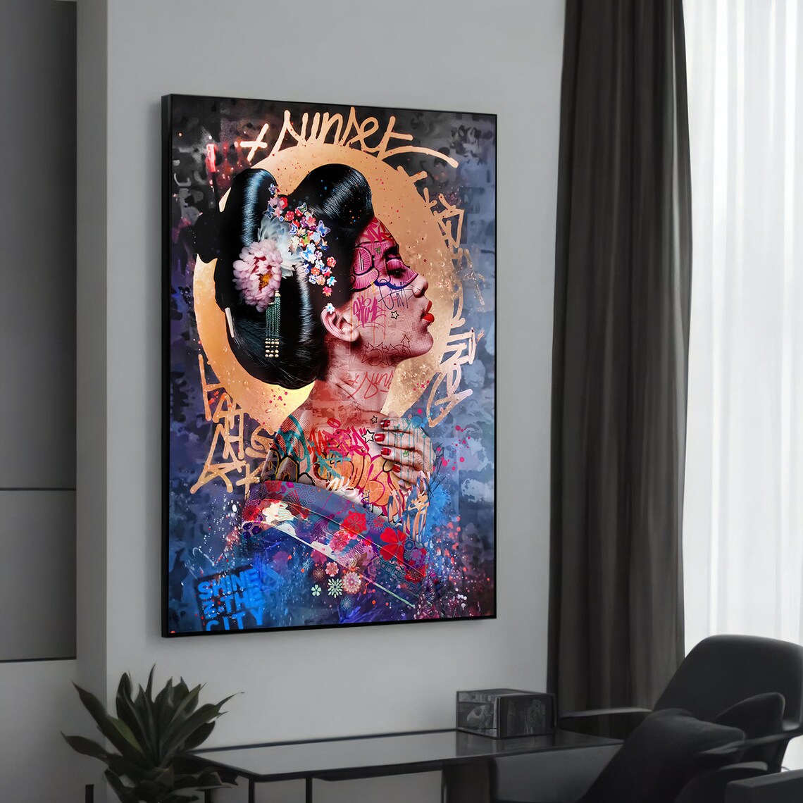 Geisha Profile Sunset Graffiti Art Colorful Japanese Pop Poster
