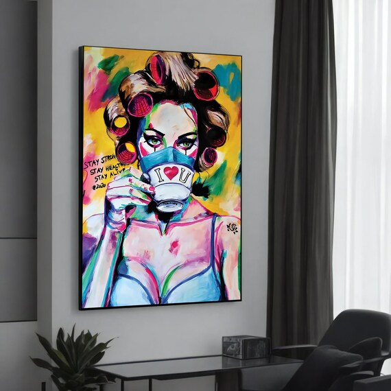 Funny Colorful Woman With Hair Curlers Coffee Cup Pop Art Poster