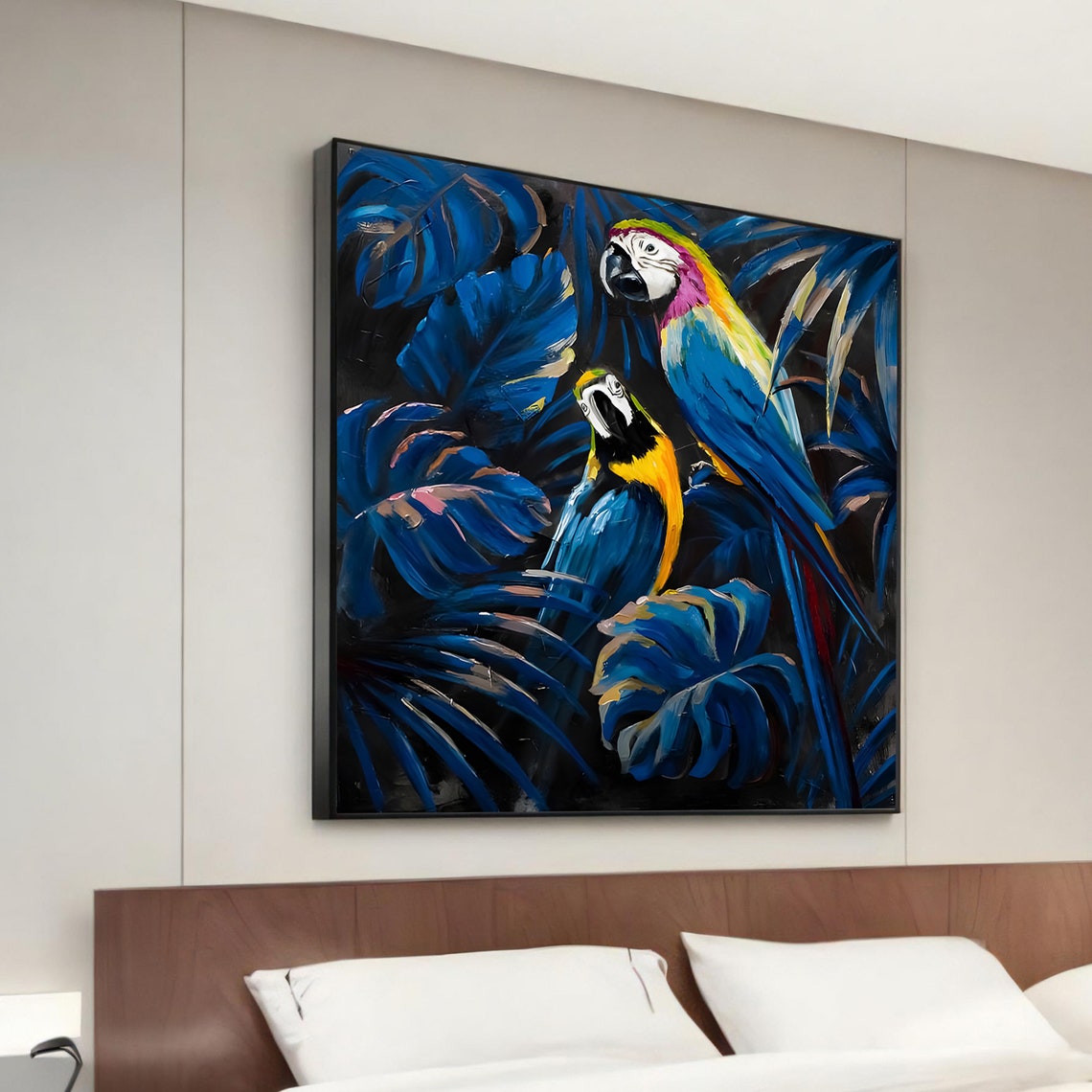 Colorful Parrots Macaw Dark Tropical Painting Artwork Style Poster