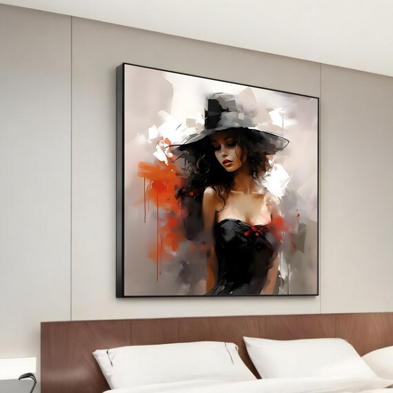 Woman in Wide Brim Hat Red Black Fashion Portrait Wall Poster