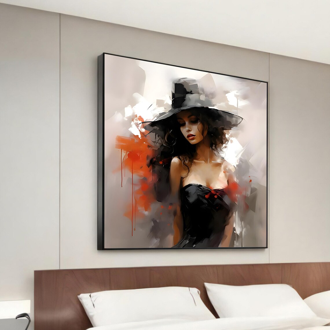 Woman in Wide Brim Hat Red Black Fashion Portrait Wall Poster