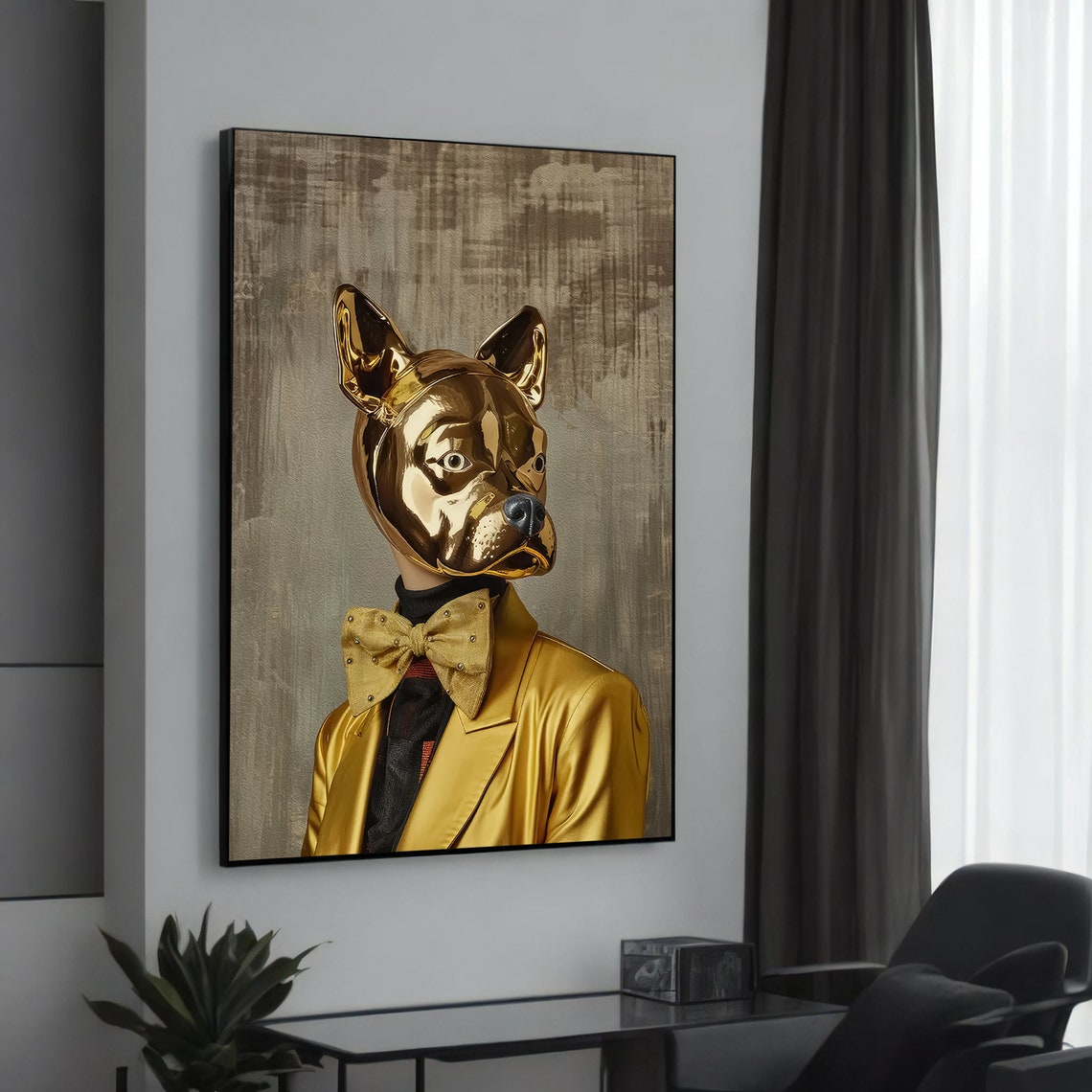 Golden Chrome Dog Mask Figure in Suit Quirky Modern Pop Wall Art