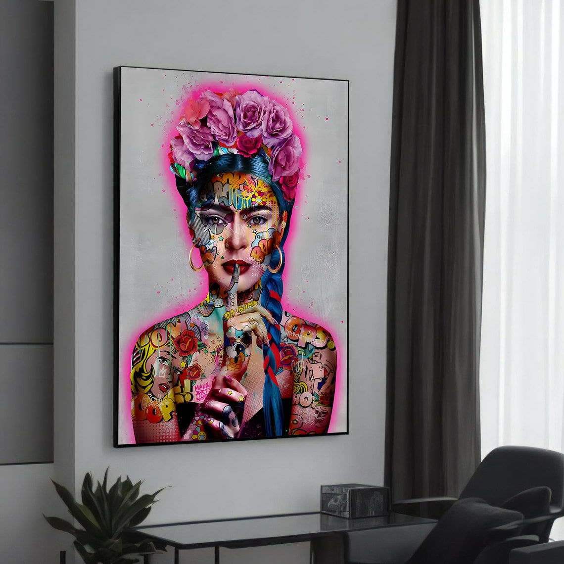 Frida Kahlo Floral Crown Colorful Graffiti Pop Art Portrait Poster