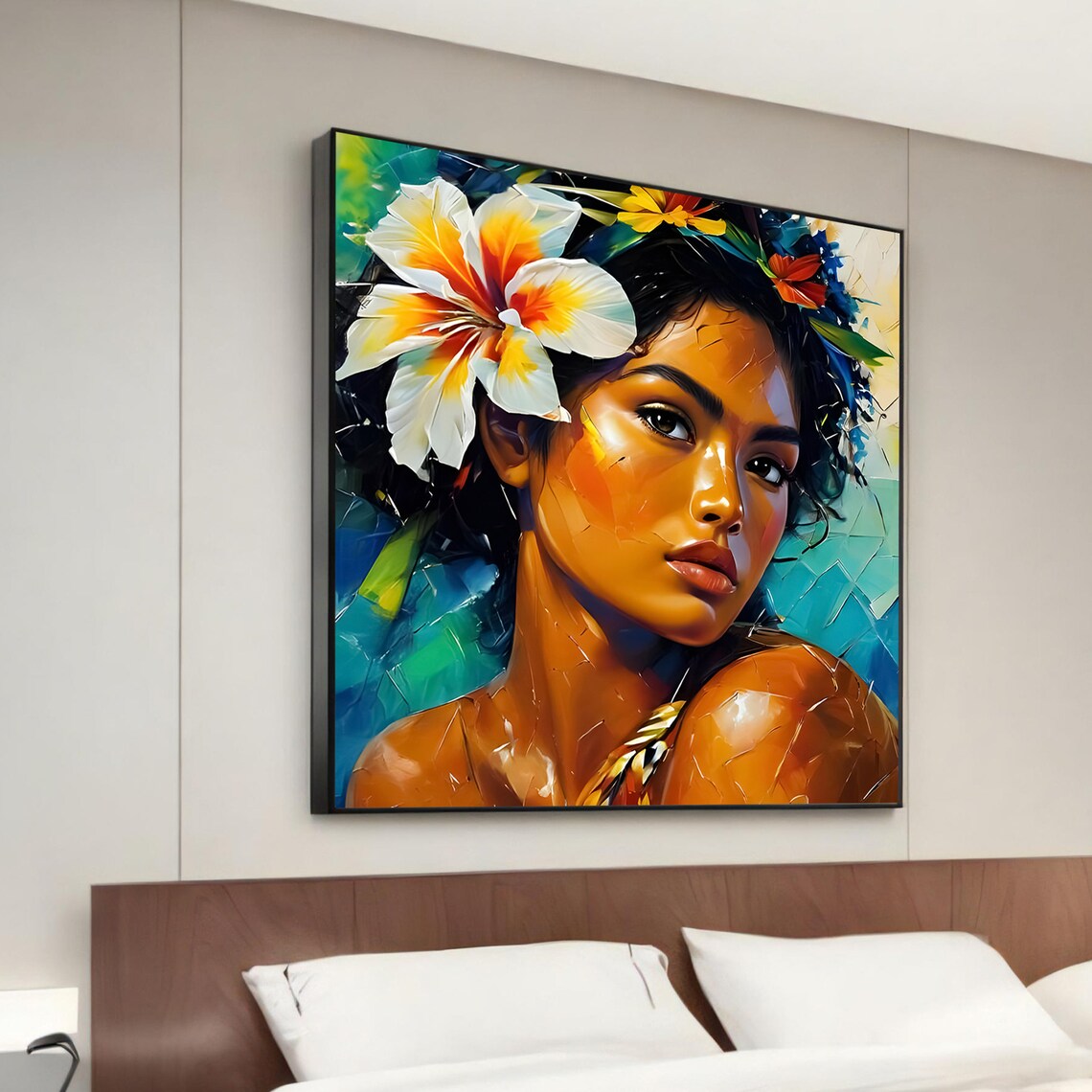 Exotic Woman Floral Headdress Vibrant Colorful Portrait Painting Wall Art