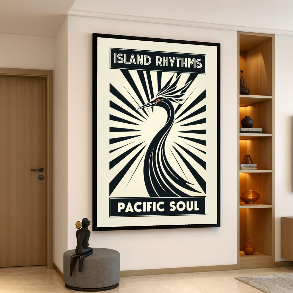 Island Rhythms Pacific Soul Heron Sunburst Bold Art Deco Poster