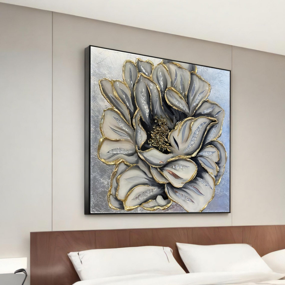 Luxury Gray Flower Gold Accents Elegant Floral Painting Wall Art