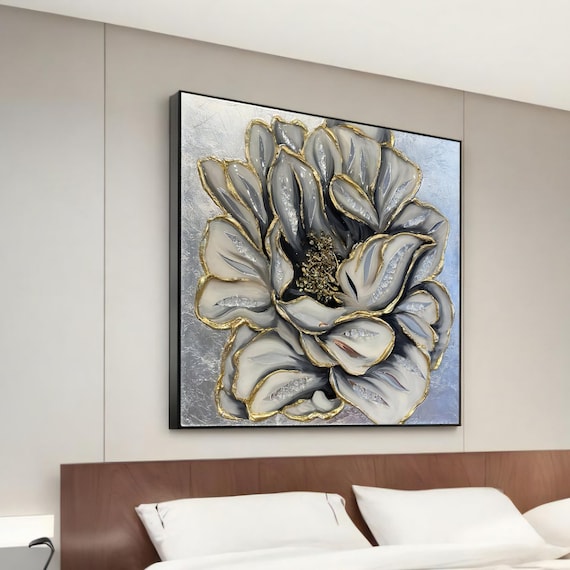 Luxury Gray Flower Gold Accents Elegant Floral Painting Wall Art