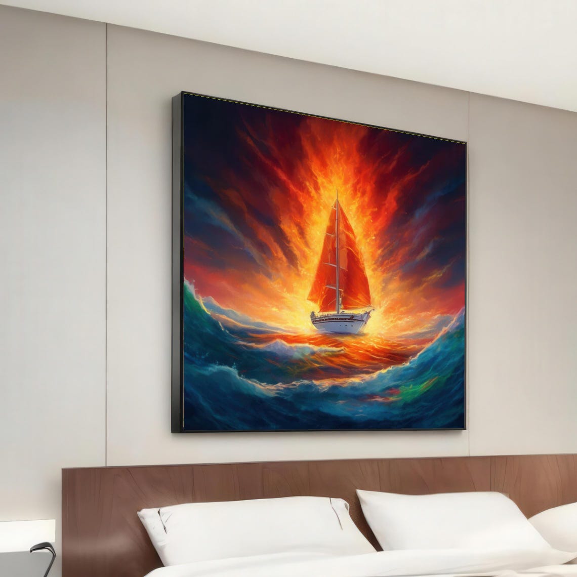 Sailboat with Red Sails on Fiery Sunset Ocean Dramatic Art Poster