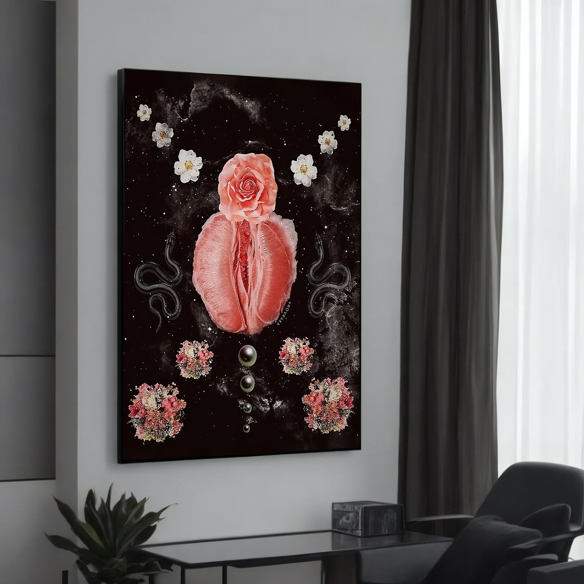 Surreal Cosmic Rose Feminine Floral Galaxy Dark Art Canvas Poster