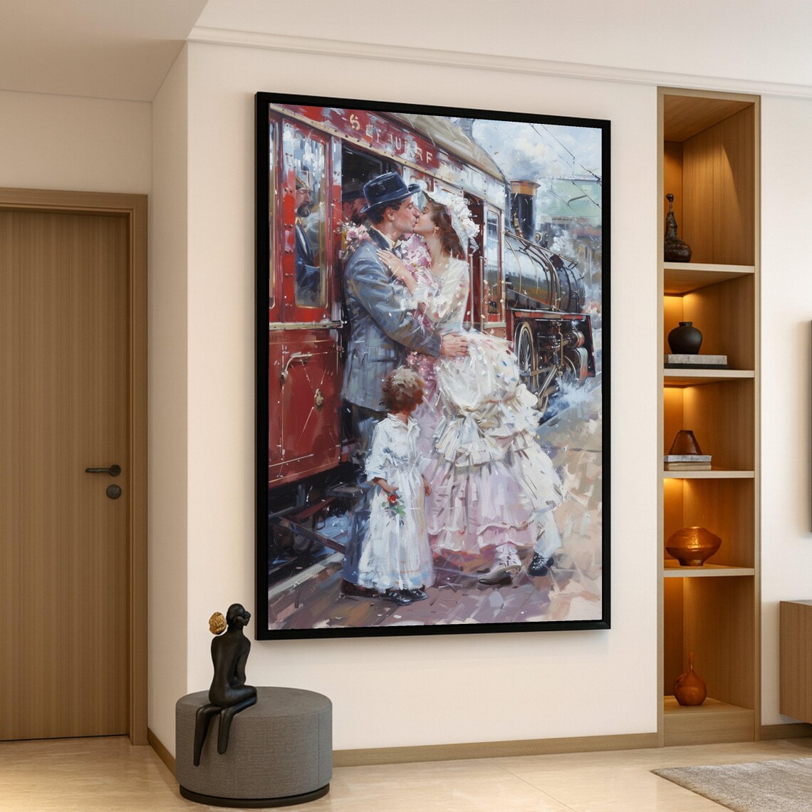 Victorian Couple Kiss At Red Steam Train Romantic Farewell Poster