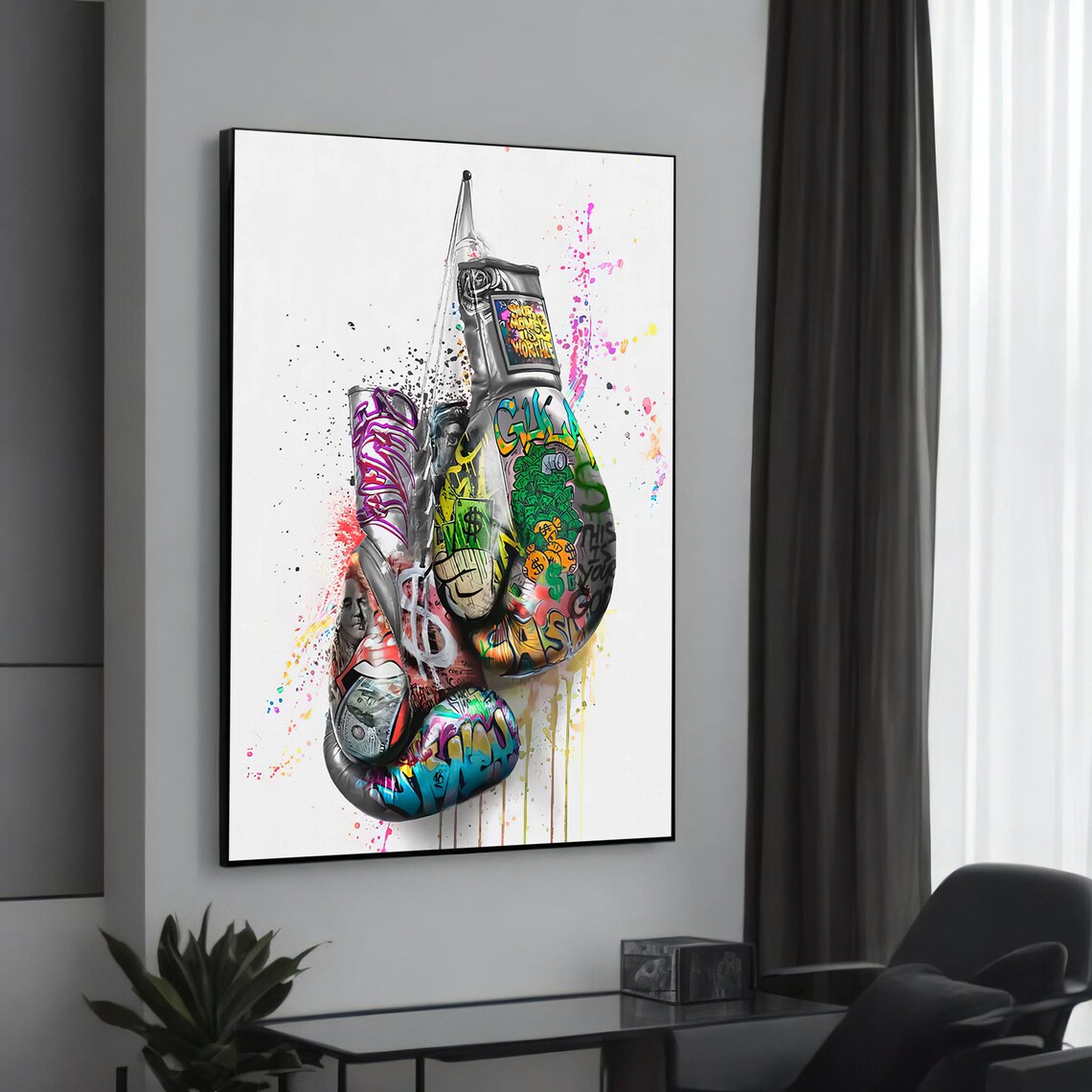Dynamic Banksyinspired Graffiti Boxing Gloves, Art Print
