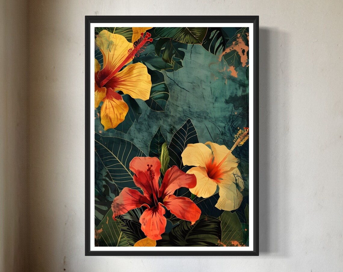 Tropical Hibiscus Flowers Vintage Dark Botanical Floral Art Print