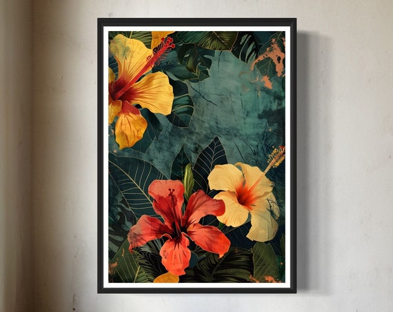 Tropical Hibiscus Flower Art Print Hawaiian Painting Aesthetic Polynesian Artwork Hawaii Wall Decor Botanical Hula Floral Interior Design