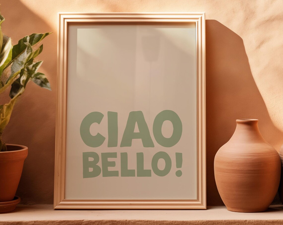 Ciao Bello Sage Green Italian Greeting Retro Typography Art Print