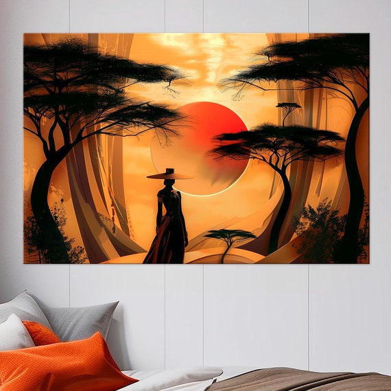 Silhouette Woman Sunset Print Woman Wall Art Abstract Print Brown Living Room Decor Extra Large Wall Art Red Sun Print