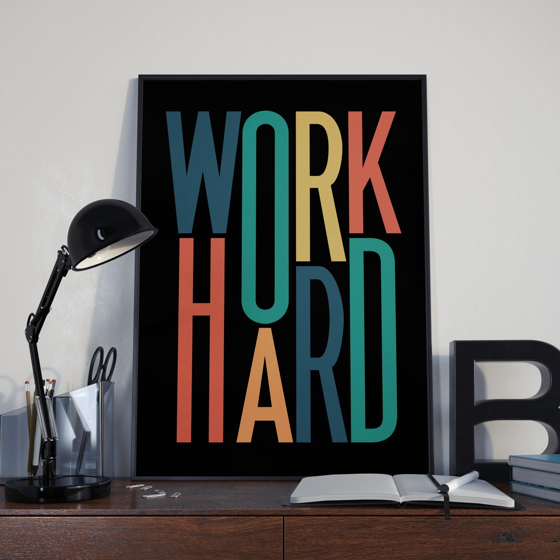 Work Hard Colorful Stacked Letters On Black Motivational Poster - Image 2