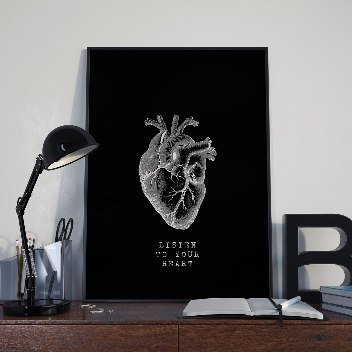 Listen to Your Heart Anatomical Heart Black Monochrome Quote Poster - Image 6