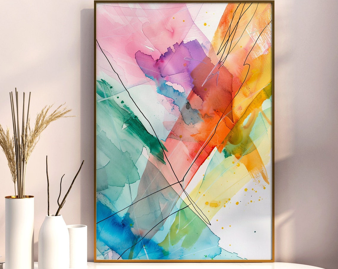 Abstract Pastel Blocks Watercolor Ink Lines Modern Art Poster - Image 5