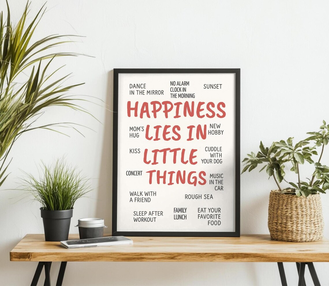 Happiness Lies In Little Things Coral Red Typography Quote Poster