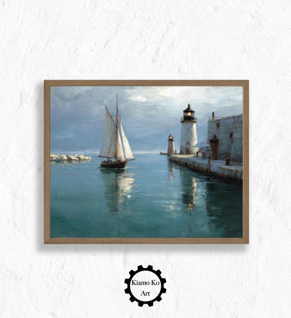 Coastal Lighthouse Print Sailboat In Harbor Nautical Wall Art Ocean Inspired Decor Vintage Home