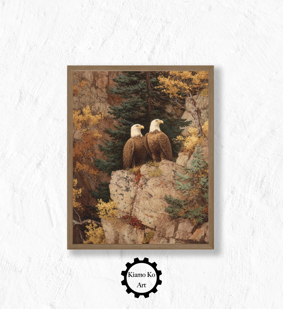 Two Bald Eagles on a Rocky Cliff in an Autumn Forest Wildlife Wall Art