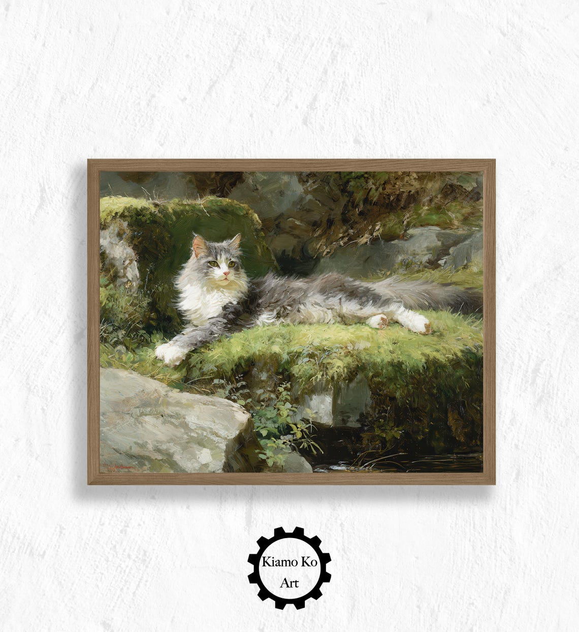 Longhaired Gray Cat Resting on a Moss-Covered Forest Rock Poster