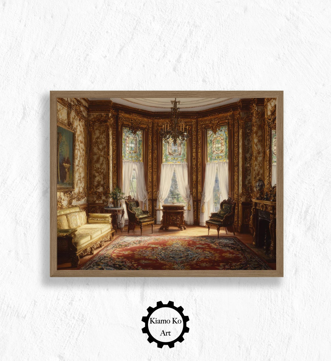 Ornate Victorian Parlor With Glowing Stained Glass Windows Poster