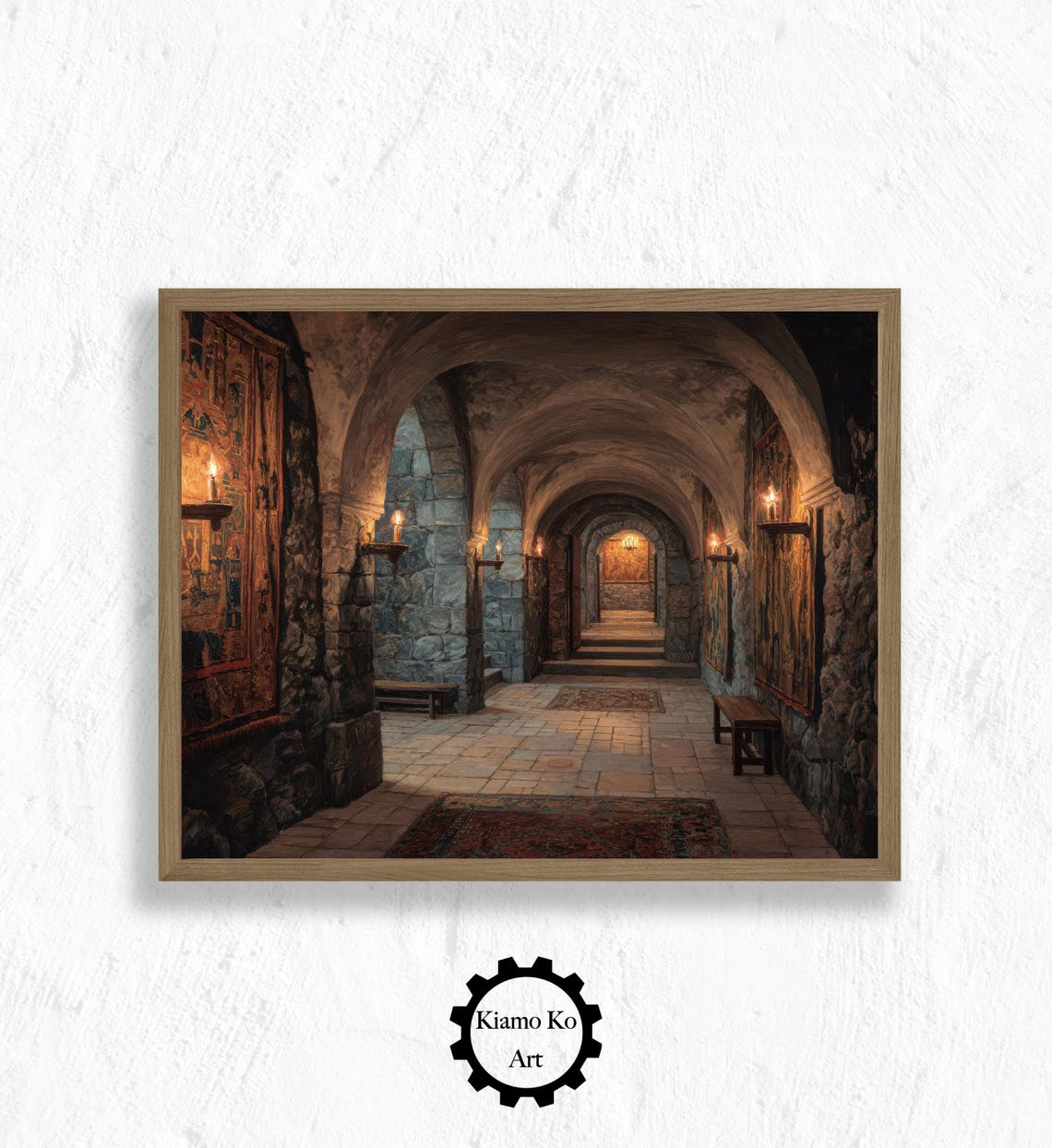 Candlelit Medieval Stone Corridor With Tapestries and Benches Poster