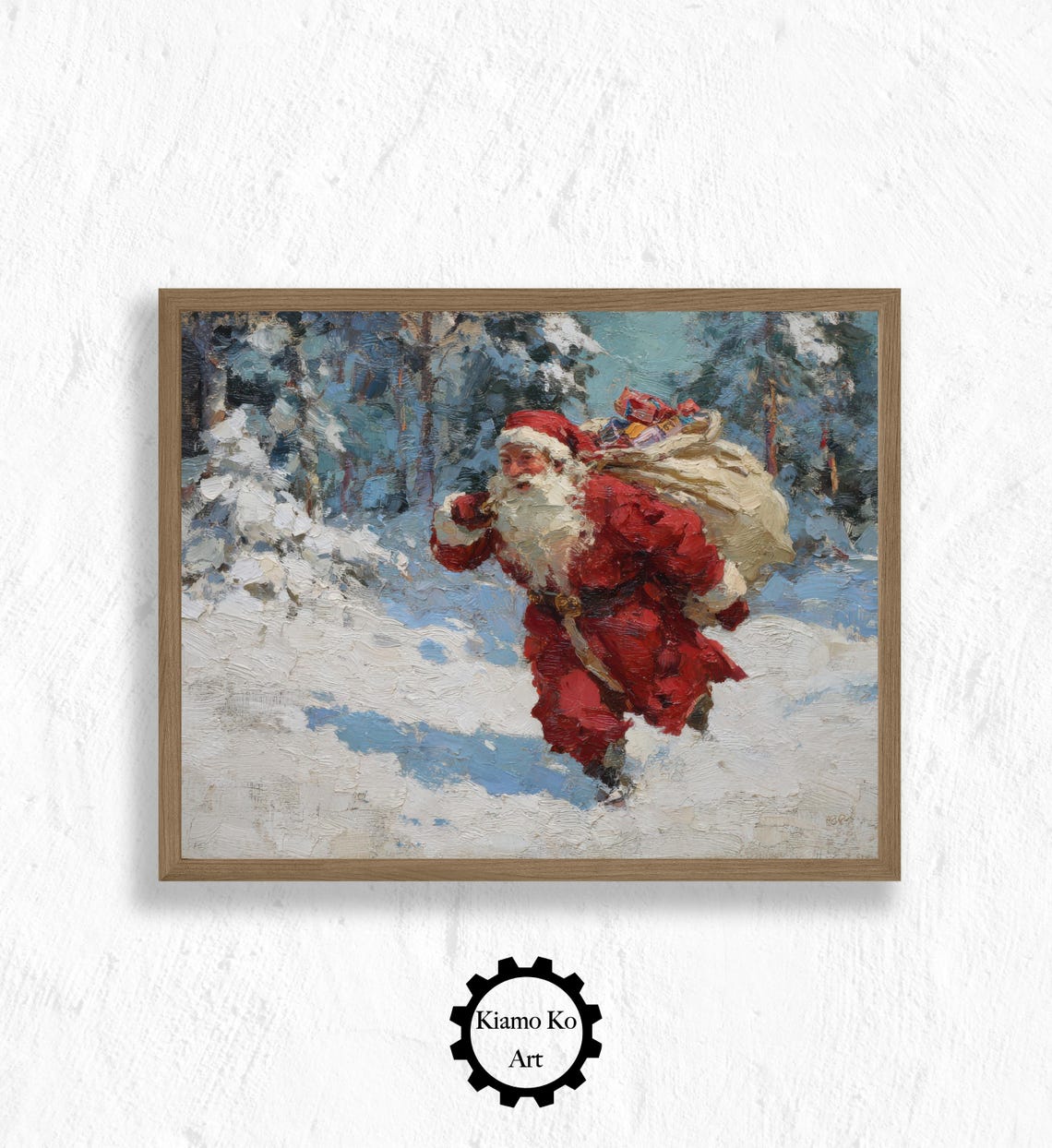 Santa Claus Walking Through Snowy Forest Vintage Christmas Art Poster