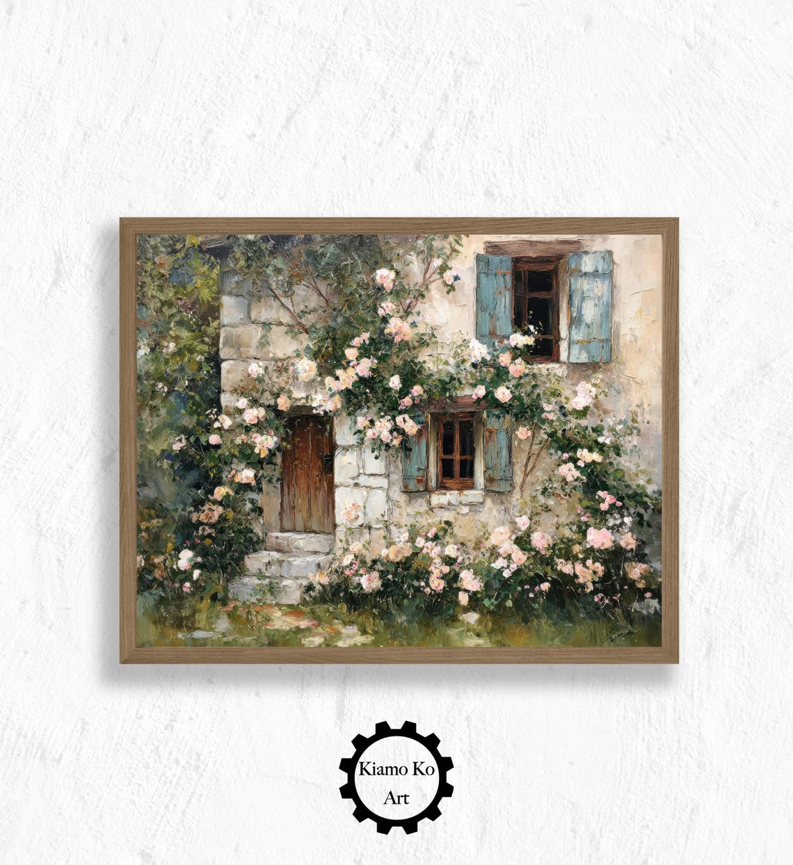 Stone Cottage Covered in Climbing Roses with Blue Shutters Poster