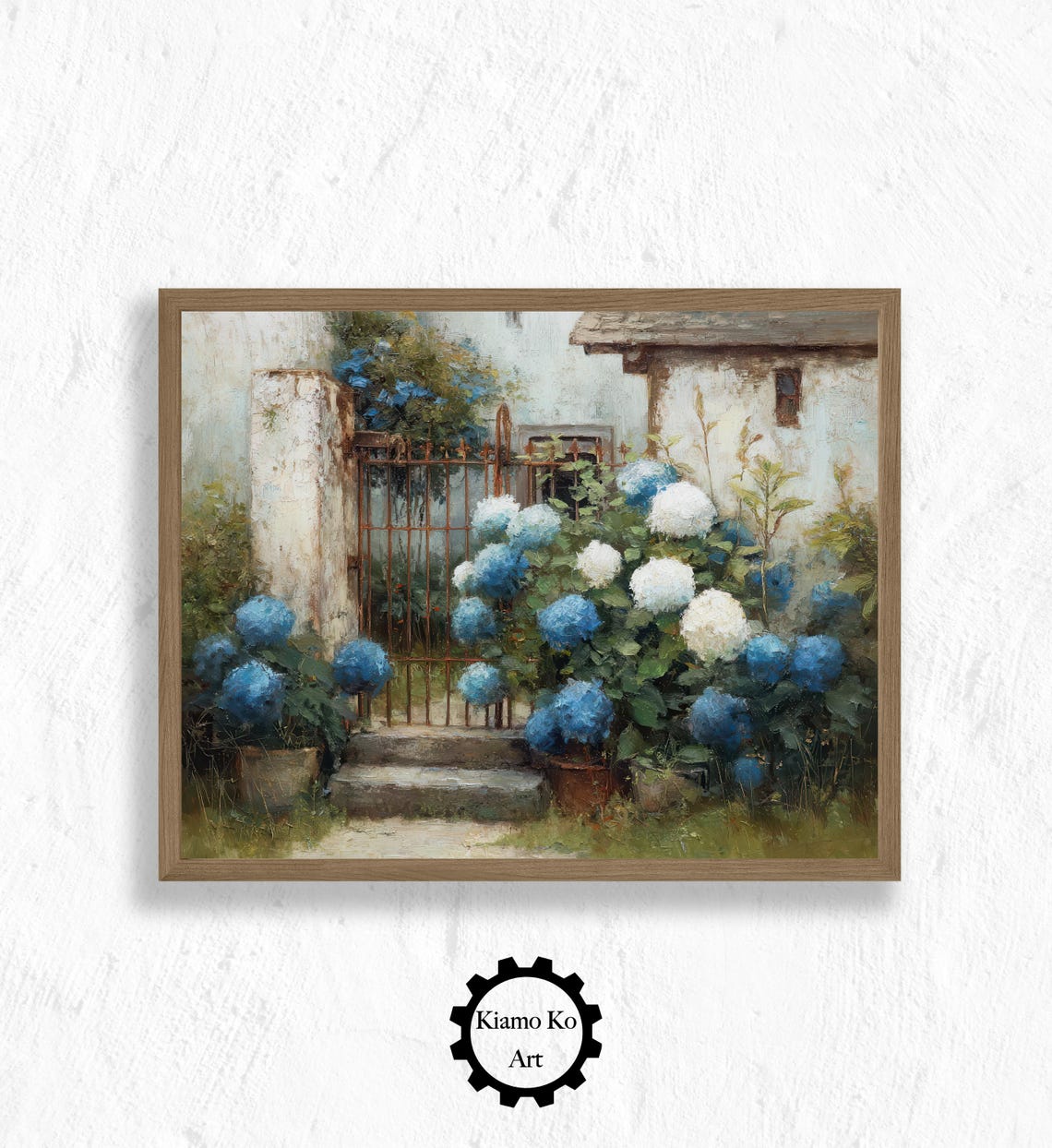 Blue and White Hydrangeas Around a Rusted Iron Gate Cottage Poster